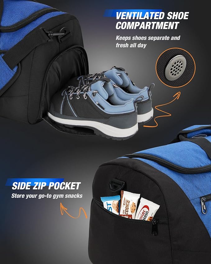 Gonex Gym Duffel Bag with Shoe Compartment Wet Pocket, Large Capacity Sports Duffle Bag for Men Women, Workout & Travel Bag with Multiple Pockets, Black/Blue, Small (30L)