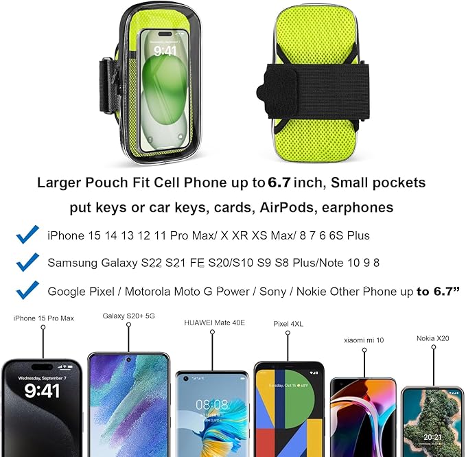 Clear Running Phone Holder Armband, Sports Armband Case for iPhone 16 15 14 13 Pro Max 12 11 Plus X XS Samsung up to 6.9'', Universal Arm Bands Bag with Key Card Pocket for Exercise Walking Workout