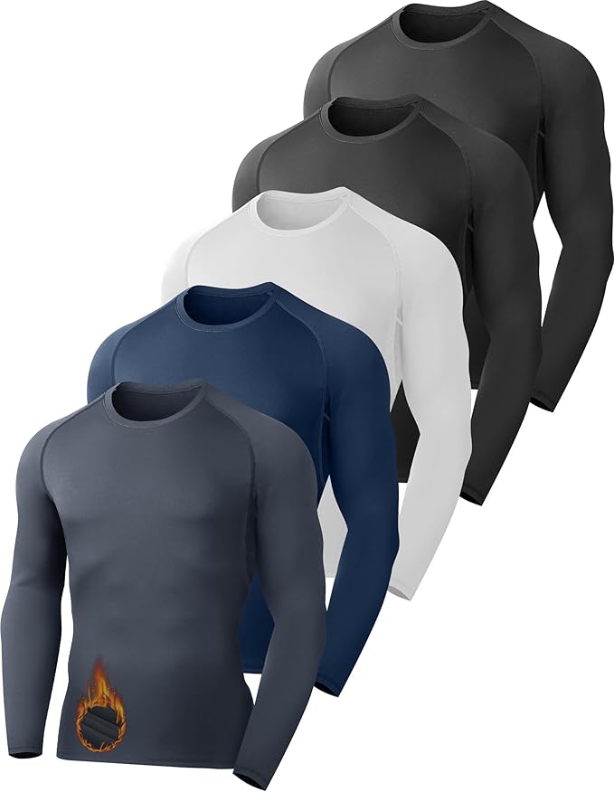 5 Pack Thermal Compression Shirts for Men Fleece Lined Long Sleeve Athletic Base Layer Winter Gear Undershirt Workout Top