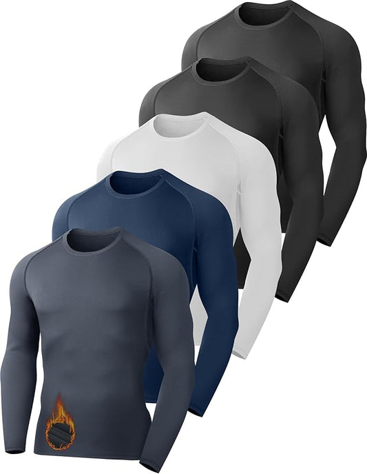 5 Pack Thermal Compression Shirts for Men Fleece Lined Long Sleeve Athletic Base Layer Winter Gear Undershirt Workout Top