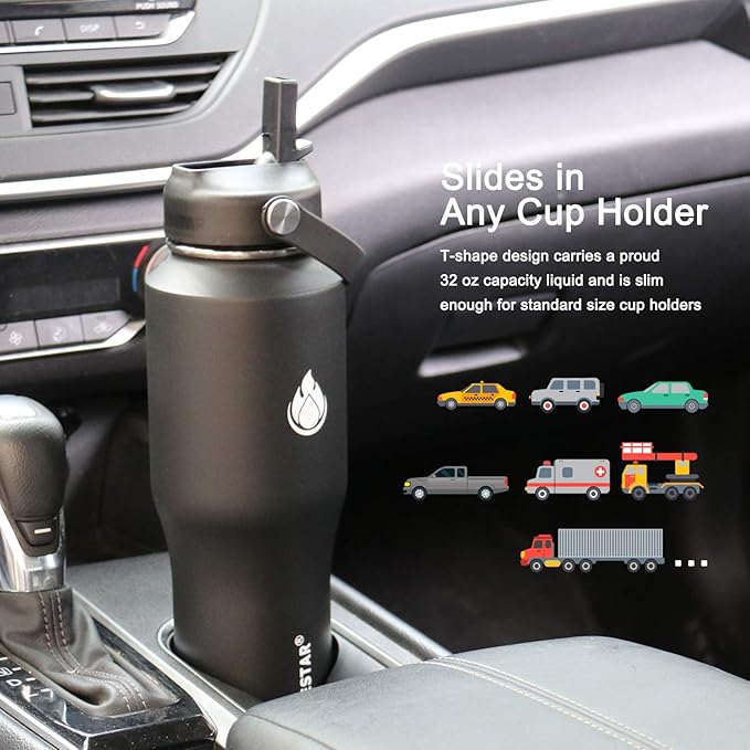 SENDESTAR Water Bottle 32oz,Wide Mouth Stainless Steel Vacuum Insulated Double Wall Keep Liquids Cold or Hot All Day,Sweat Proof Sport Design,Fit Car Cup Holder,2 Lids(Straw and Spout lid)(Black)