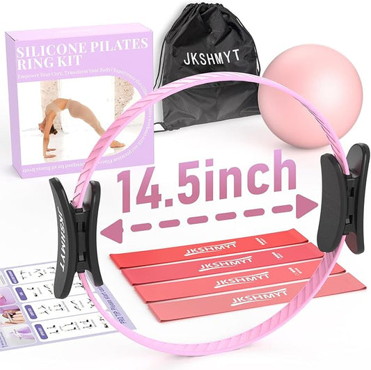 JKSHMYT Silicone Pilates Ring-14.5" Home Pilates kit with Padded Handles, Mini Ball, Resistance Bands, Guide & Bag, Better me Pilates Essentials Circle Set for Workouts Women