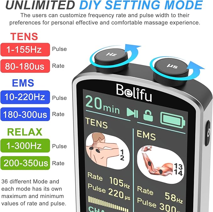 TENS EMS Unit Muscle Stimulator for Pain Relief Therapy - 4 in 1 TENS & EMS & Relax & Custom Frequency + Pulse - Muscle Massager 36 Modes 20 Intensity, Memory & Favorites Function with 600mAh Battery