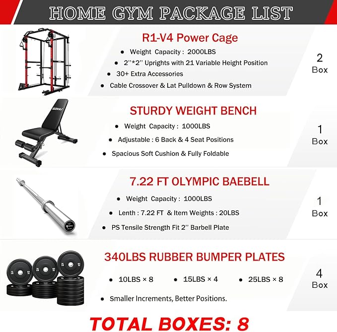 R1-V4 Power Cage Rack, 2000LB Squat Rack with Cable Crossover System, Multi-Function Weight Cage, Home Gym Workout Machine with More Training Attachments