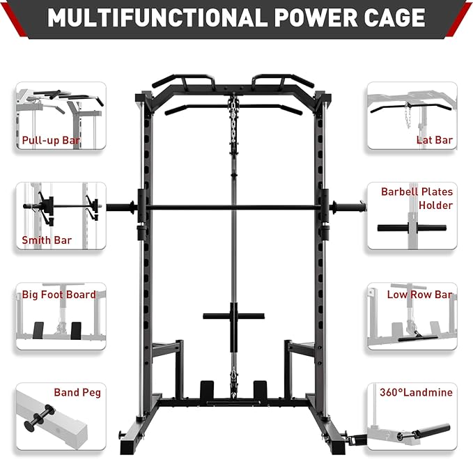 OPPSDECOR Power Cage Power Rack with LAT Pull Down Pulley System& Cable Row, Weight Cage with More Training Attachments, Multi-Functional Squat Rack for Home Gym System