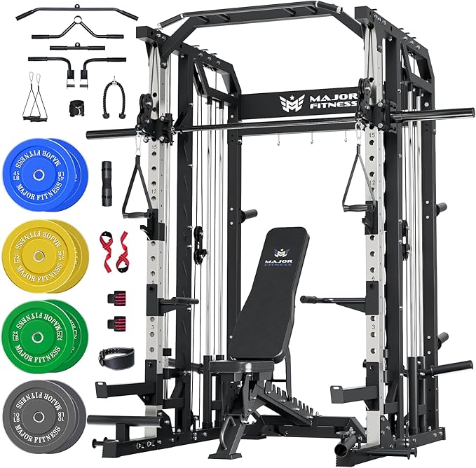 Major Fitness Drone2 Smith△ Machine – All-in-One Home Gym Squat Rack with Weight Bar, Dual LAT Pull-Down Systems & Cable Crossover Machine for Full-Body Workouts