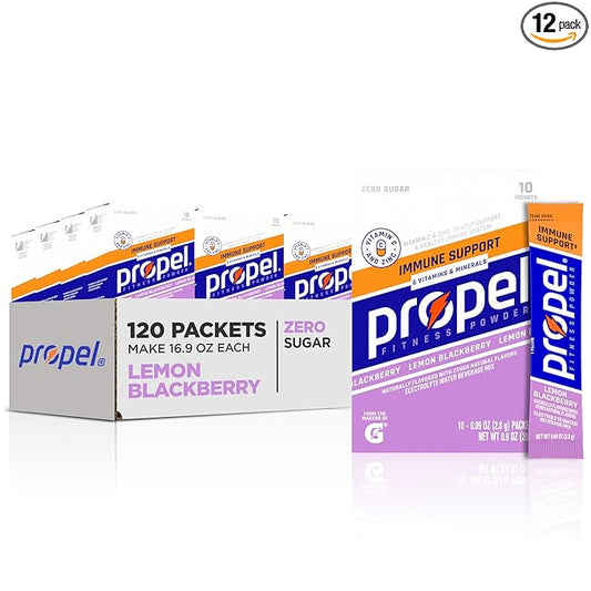 Propel Immune Support Electrolyte Enhanced Water Drink Mix Powder Packets, Lemon Blackberry, 100% DV Vitamin C, Good source of Zinc, Zero Sugar Hydration with Electrolytes and Vitamins (120 Packets)