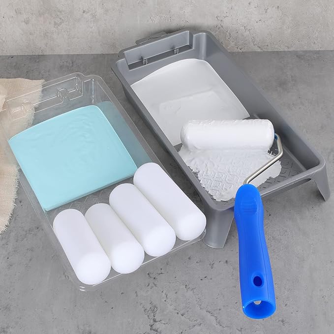 Mister Rui Foam Paint Roller, 8 Pack 4 Inch Paint Roller Kit, Complete 4" Mini Paint Roller Kit with Small Foam Paint Roller Covers, Frame, Tray and Liner for Professional Painting Results