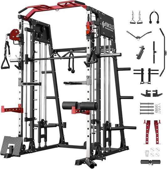Mikolo Smith Machine, 2200lbs Squat Rack with LAT-Pull Down System & Cable Crossover Machine, Training Equipment with Leg Hold-Down Attachment