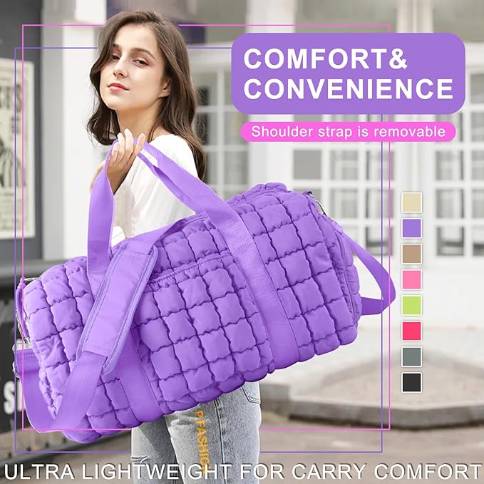 Quilted Travel Duffle Bag Gym Bag for Women,Large Puffer Duffle Weekender Bag with Compartment,Workout Overnight Carry on Organizer Bag Duffle Bag for Airplane Travel(L-Purple)