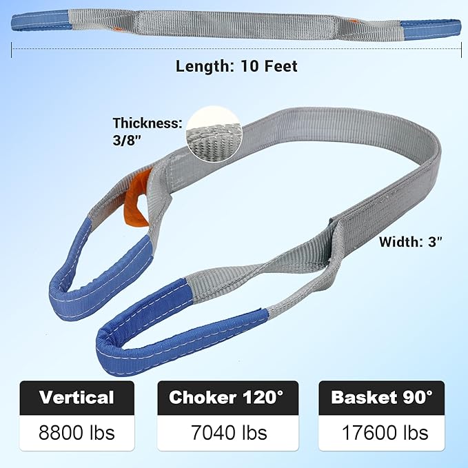 Leyso 4 Packs 3" x 10' Lifting Sling Straps, Multifunctional Heavy Duty Lift Sling Web Town Strap with 2 Reinforced Loops and Wear Guard End (Grey)