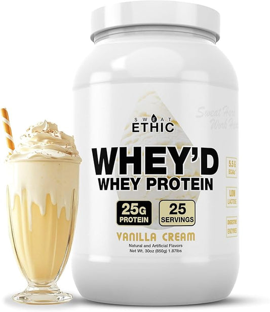 Sweat Ethic Whey'd Protein Powder, 25 G Whey Protein Blend with Concentrate (30 Ounce, Vanilla Cream)