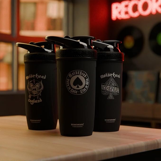 Smartshake Rockband Reforce Stainless Steel Protein Shaker Bottle 900 ml | 30 oz - Leakproof Screw-on Lid - BPA Free – Unisex (Motörhead, Born To Lose Logo, Black)