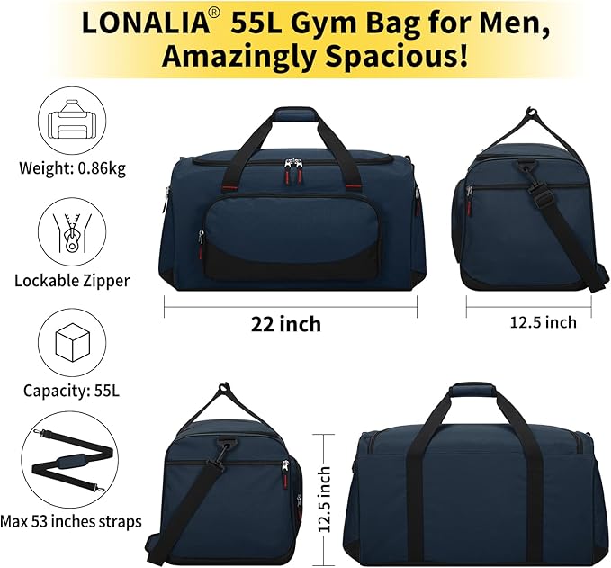 55L Large Sports Duffle Bag for Men - 22 inch Men's Gym Bag Heavy Duty Duffel Bag (Navy Blue)