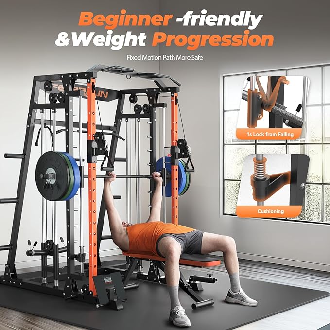 FEIERDUN Smith Machine Deadlift Power Cage FOR01,2200lbs Squat Rack for Home Gym,Dual LAT Pull Down & Cable Crossover Machine with Leg Hold-Down Attachment