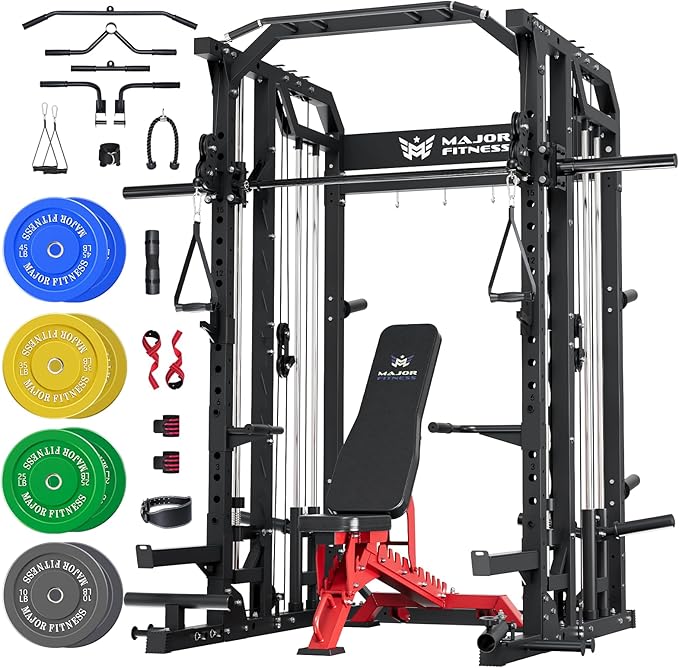 Major Fitness Drone2 Smith△ Machine – All-in-One Home Gym Squat Rack with Weight Bar, Dual LAT Pull-Down Systems & Cable Crossover Machine for Full-Body Workouts