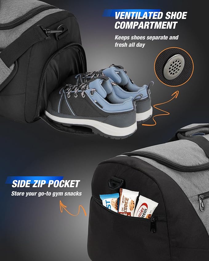 Gonex Gym Duffel Bag with Shoe Compartment Wet Pocket, Large Capacity Sports Duffle Bag for Men Women, Workout & Travel Bag with Multiple Pockets, Black/Gray, Small (30L)