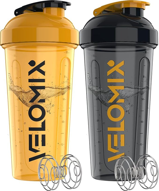 VELOMIX -2 Pack- 28 oz Protein Shaker Bottles for Protein Mixes - 2x Wire Whisk | Leak Proof Shaker Cups for Protein Shakes | Protein Shaker Bottle Pack (Golden Stone)
