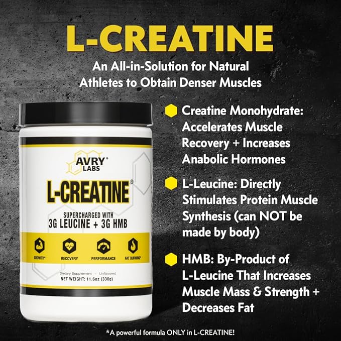 L-CREATINE Supplement: Creatine Monohydrate w/Leucine Amino Acid and HMB – Supports Muscle Mass, Strength, Recovery & Performance + Reduce Fat – Vegan, 11oz (330g) Powder
