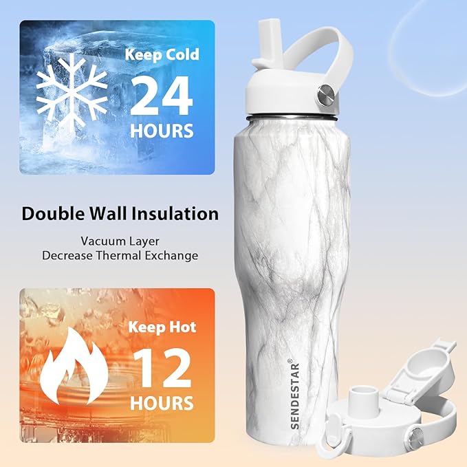 SENDESTAR 32oz Water Bottle Wide Mouth Stainless Steel Vacuum Insulated Double Wall with Straw Lids Fit in Any Car Cup Holder,Marbling