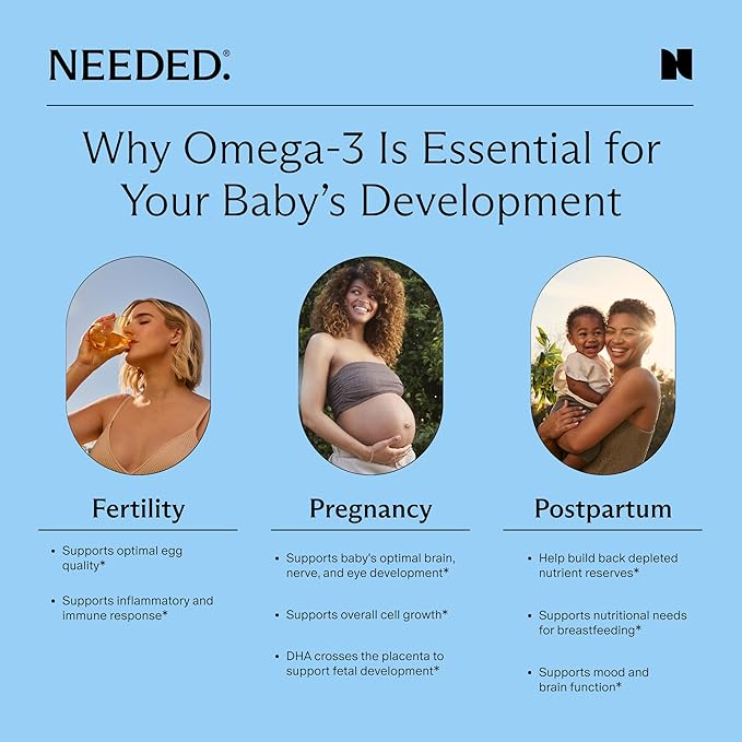 Needed. Prenatal Omega-3 - High Potency Dose of Sustainably Sourced Fish Oil, Bergamot Flavor, 1000mg DHA, 1000mg EPA, Encased in a Gelatin-Free, Plant-Based Softgel Shell, 30-Day Supply