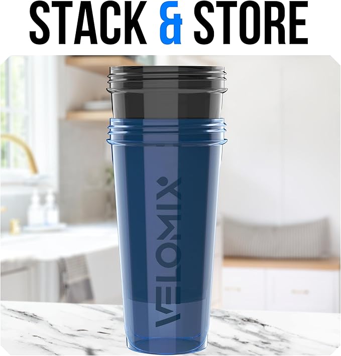 VELOMIX -2 Pack- 28 oz Protein Shaker Bottles for Protein Mixes - 2x Wire Whisk | Leak Proof Shaker Cups for Protein Shakes | Protein Shaker Bottle Pack | Shakers for Protein Shakes-Blue&Black