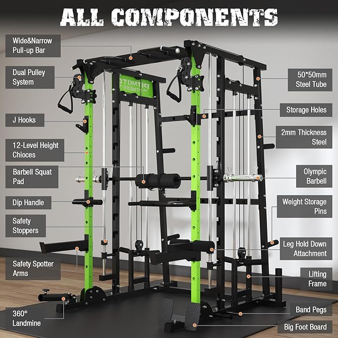 Smith Machine,2200 LBS Squat Rack for Home Gym with Dual Pulley System,Multifunctional Power Rack Cage for Strength Training with More Attachments