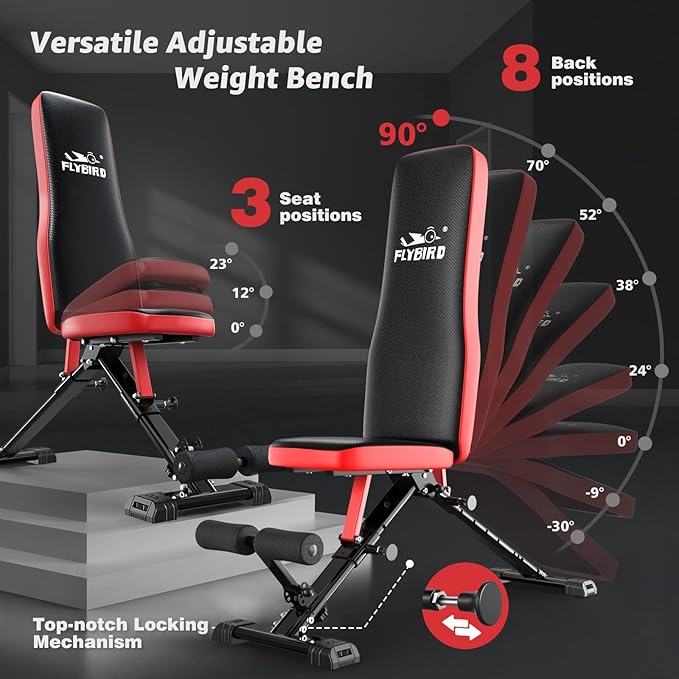 FLYBIRD Strength Training Bench for Home Gym, Adjustable Weight Bench can be Folded for Storage/Vertical Storage, Space-Saving Workout Bench