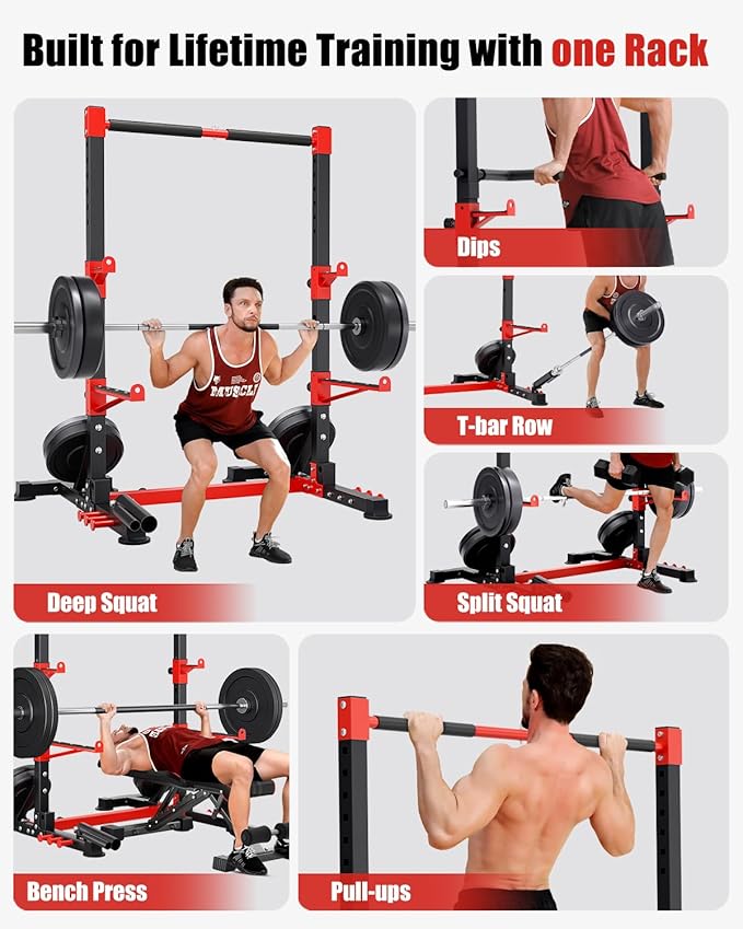 YOLEO Squat Rack with Adjustable Pull-Up Bar & Extended Safety Arms, Multi-Functional Power Racks Squat Stand for Home Gym, Garage & Basement, 35"-67" Width, Fixed 83” Frame Height, Pull-Up Bar Height 71.5"-80.5", Fits 6FT & 7FT Barbells