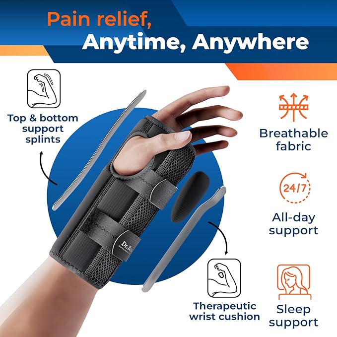 DR. BRACE Adjustable Wrist Brace Night Support for Carpal Tunnel, Doctor Developed, Upgraded with Double Splint & Therapeutic Cushion,Hand Brace for Pain Relief,Injuries,Sprains (S/M Left Hand, Black)