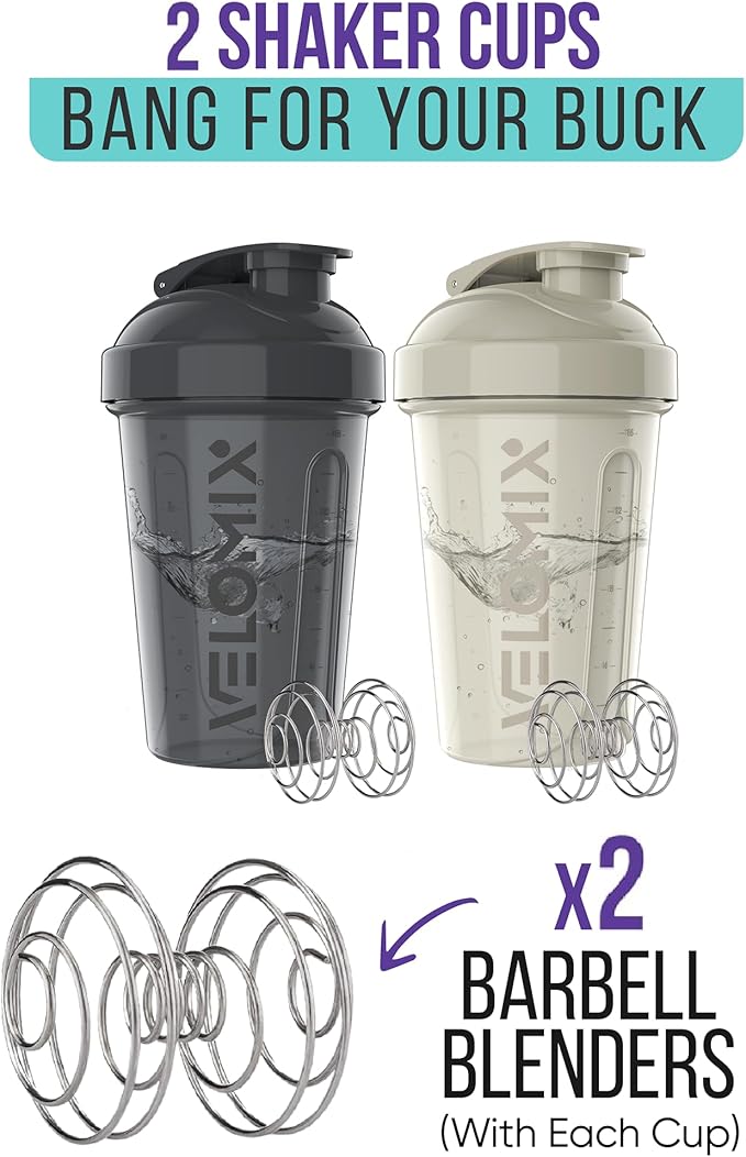 VELOMIX -2 Pack- 20 oz Protein Shaker Bottles for Protein Mixes - 2x Wire Whisk | Leak Proof Shaker Cups for Protein Shakes and Pre Workout | Protein Shaker Bottle Pack (Gray/White)