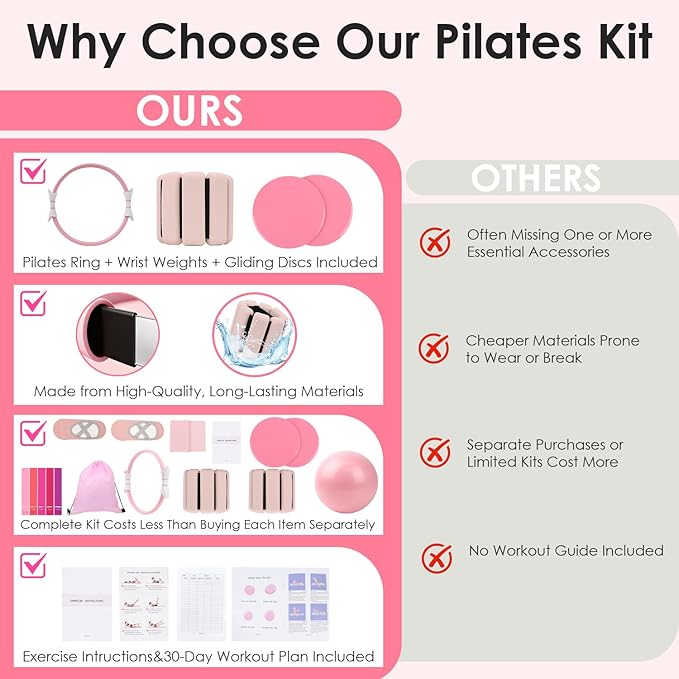 MIELIA 16 PCS Pink Pilates Ring and Ball Set for Women Home Gym, 15-Inch Magic Circle Yoga Ring, Adjustable Ankle Wrist Weights, Sliding Disc, Complete Fitness Equipment for Toning
