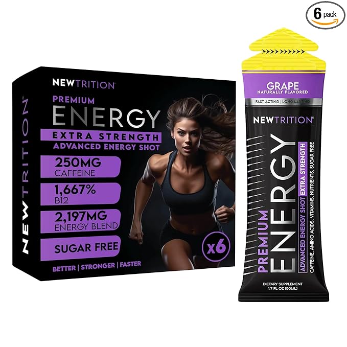 NewTrition® Extra Strength Energy Shots, 250mg Caffeine Energy Shots with Vitamin B & Amino Acids, Sugar-Free Vitamin Energy Shot, 1.7 fl oz (Pack of 6, Grape)