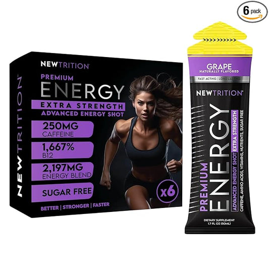 NewTrition® Extra Strength Energy Shots, 250mg Caffeine Energy Shots with Vitamin B & Amino Acids, Sugar-Free Vitamin Energy Shot, 1.7 fl oz (Pack of 6, Grape)