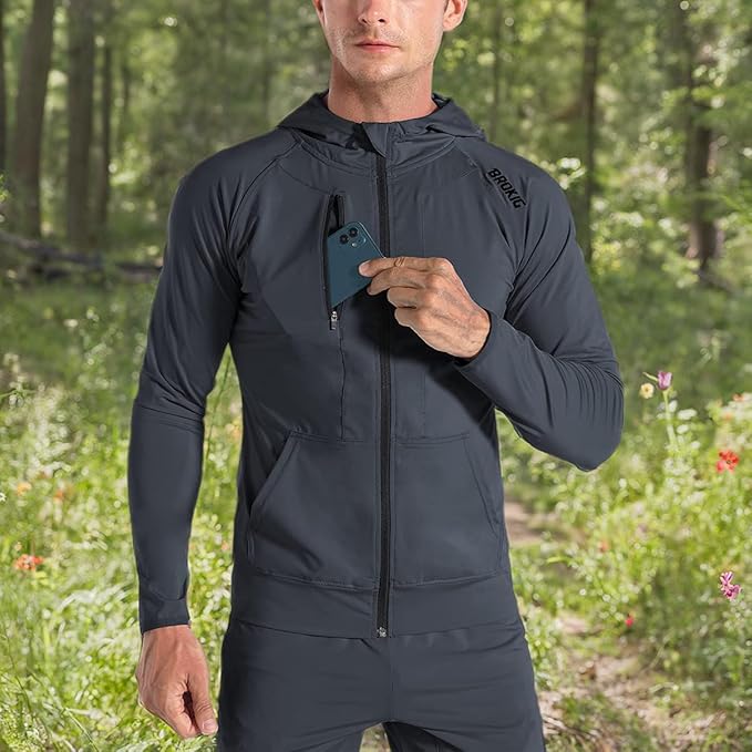BROKIG Mens WindBreak Lightweight Running Jackets with Zip Pocket, Workout Track Hoodie Athletic Gym Sweatshirts Men