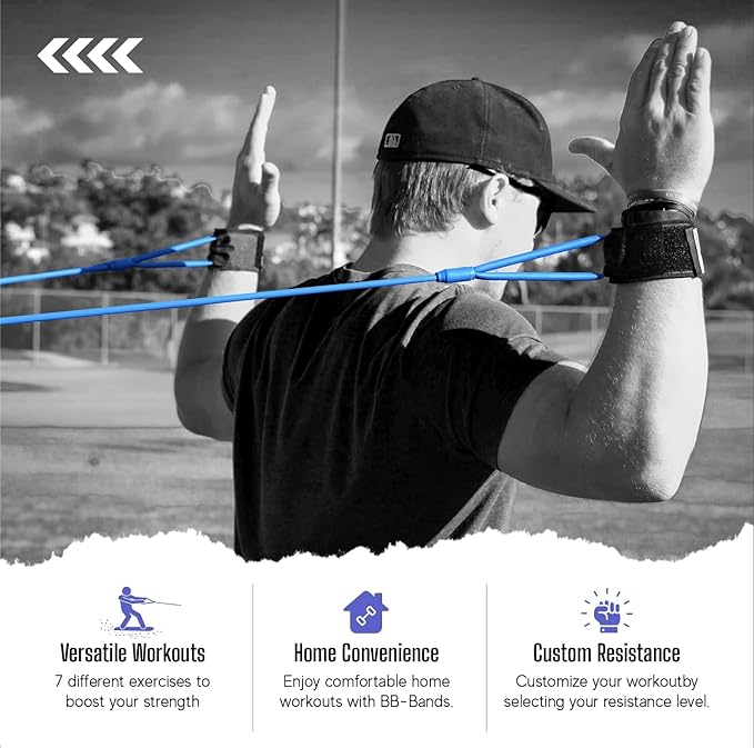 BB Bands Baseball Softball Resistance Training Bands - Arm Strength, Pitching Conditioning Equipment, 3 Strengths (Youth, Adult, Heavy), 7 Colors, Includes Anchor Strap, Door Mount, Bag, Workout Guide