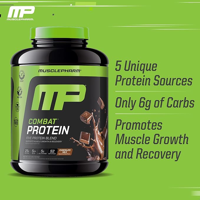 Muscle Pharm Combat Protein Powder, Chocolate Milk Flavor, Fuels Muscles for Productive Workouts, 5 Protein Sources Including Whey Protein Isolate & Egg Albumin, Gluten Free, 4 lb, 52 Servings