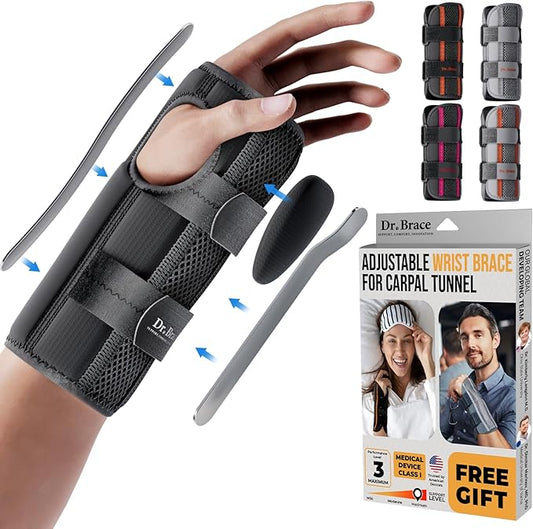 DR. BRACE Adjustable Wrist Brace Night Support for Carpal Tunnel, Doctor Developed, Upgraded with Double Splint & Therapeutic Cushion,Hand Brace for Pain Relief,Injuries,Sprains (S/M Left Hand, Black)