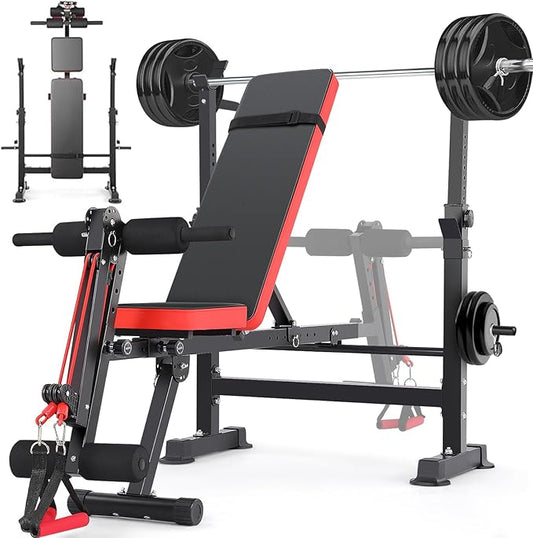 OPPSDECOR 6 in 1 Adjustable Weight Bench with Squat Rack and Removable Foot Bracket, 600lbs Bench Press Set Workout Bench with Weight Storage Sit up Incline Flat Decline Strength Training for Home Gym