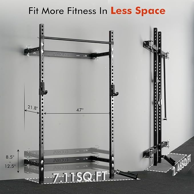 Mikolo 2" x 2" Folding Wall Mounted Squat Rack, 1000 Pounds Capacity Power Rack with Pull Up Bar, J Hooks and Other Attachments, Space-Saving Home Gym