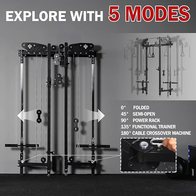 Mikolo Folding Squat Rack, Wall Mounted Power Rack with Cable Crossover Machine & LAT Pull Down, Functional Trainer with 5 Adjustable Function Modes, for Home Gym and Space Saving