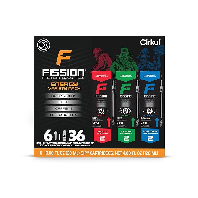 Cirkul Fission Caffeine Flavor Water Variety Pack, Makes 36 Drinks, No Sugar, Zero Calorie Drink Mix, (2 Send It, 2 Jackpot, 2 Blue Magic)
