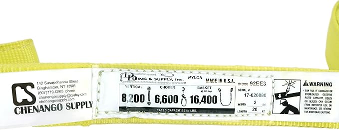 3 Ply Slings. Many Lengths in Listing! (USA Made), 2" x20' Nylon Lifting Web Sling. 8,200 lbs Vertical, 6,600 Choker, 16,400 Basket, High Capacity Eye & Eye (2" x20')