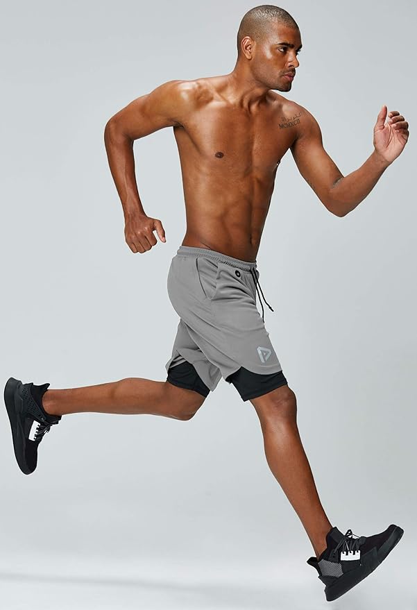 Pinkbomb Men's 2 in 1 Running Shorts Gym Workout Quick Dry Mens Shorts with Phone Pocket