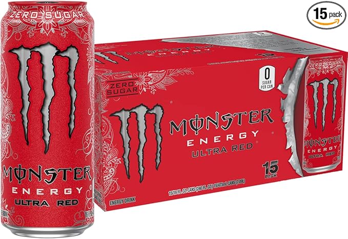 Monster Energy Ultra Red, Sugar Free Energy Drink, 16 Ounce (Pack of 15)