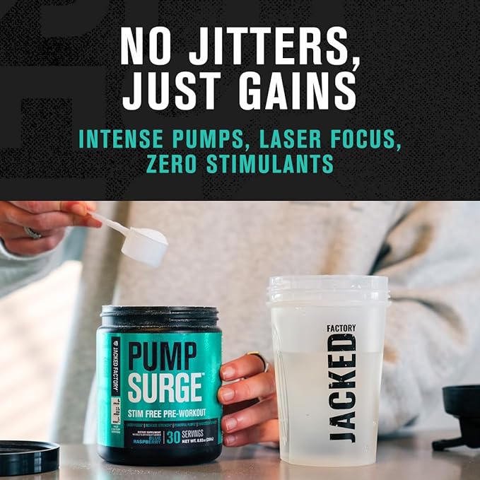 Jacked Factory Pumpsurge Caffeine Free Pre Workout for Men & Women - Nootropic Booster & Stim Free Pre Workout - Intense Pumps, Enhanced Focus - 30 Servings, Cherry Limeade