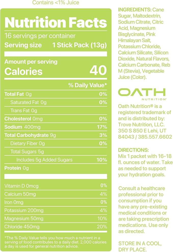 Oath Nutrition Hydration Electrolyte Powder, Complete Electrolyte Blend for Rapid Hydration and Muscle Support, 16 Single-Serve Packets, Watermelon Lime
