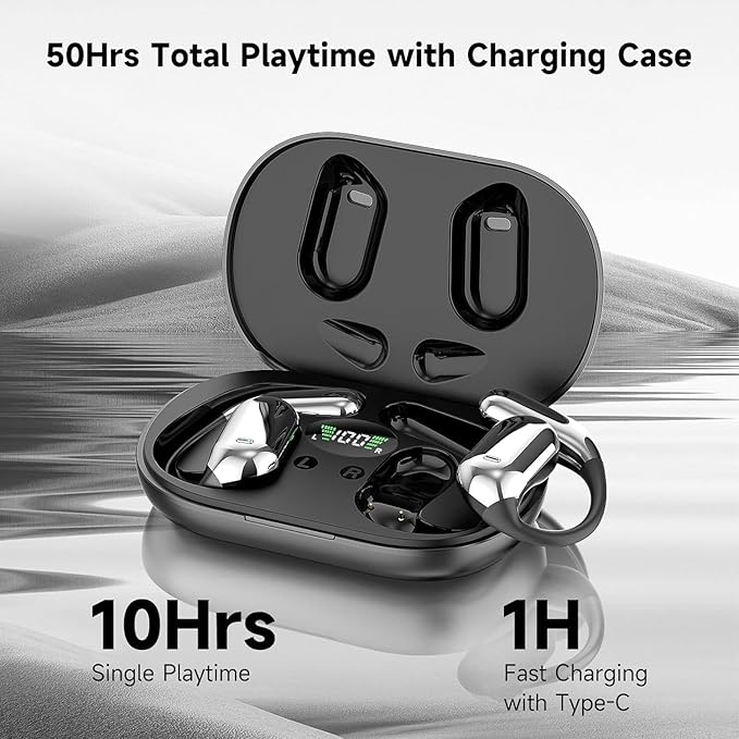 Open Ear Bluetooth 5.4 Headphones, Wireless Earbuds Sport Over Earphones with Ear Hooks 50H Playtime Ear Buds LED Display Charging Case, Waterproof Design for Running Fitness Walking