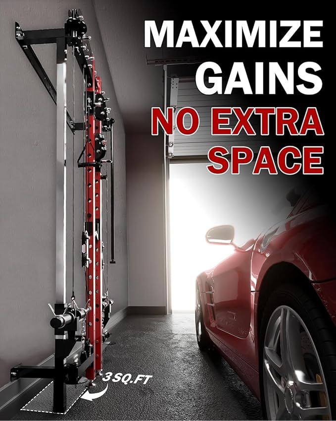 Mikolo Folding Squat Rack, Wall Mounted Power Rack with Cable Crossover Machine & LAT Pull Down, Functional Trainer with 5 Adjustable Function Modes, for Home Gym and Space Saving