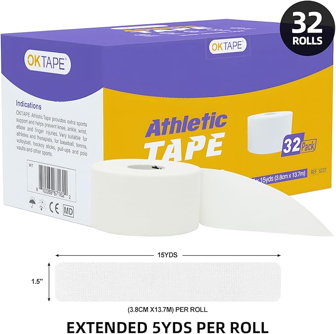 OK TAPE Athletic Sports Tape(32-Rolls - 45ft Per Roll Very Strong Tape for Athlete & Sport Trainers & First Aid Injury Wrap, Perfect for Fingers Ankles Wrist on Bat, Hockey Stick - White